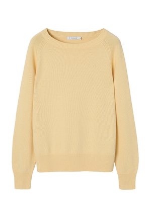Lysegul strikket sweater med rund halsudskæring, ribkant forneden og ved ærmegab, samt raglanærmer, der har en blød tekstur og enkelt design.
