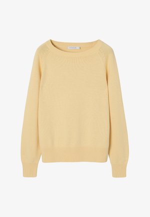 Lysegul strikket sweater med rund halsudskæring, ribkant forneden og ved ærmegab, samt raglanærmer, der har en blød tekstur og enkelt design.
