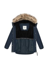 Navy parka jacket with faux fur-lined hood, soft black fleece interior, multiple pockets, and drawstring hem. Zipper and snap closures.