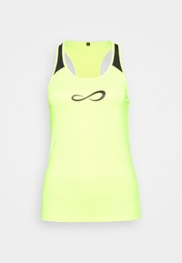 Top deportivo en color amarillo neón con un logo infinito negro, diseñado con espalda nadadora y paneles de tela transpirable en los hombros.