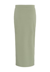 Jupe maxi ajustée de couleur vert olive, fabriquée en tissu extensible doux, avec une texture lisse et une taille définie. Aucune fermeture visible.
