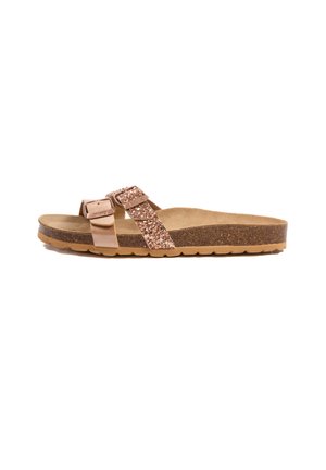 Sandale à glissière en or rose avec deux sangles réglables, dotée d'un accent pailleté. Semelle en liège et en caoutchouc, semelle intérieure texturée pour le confort.