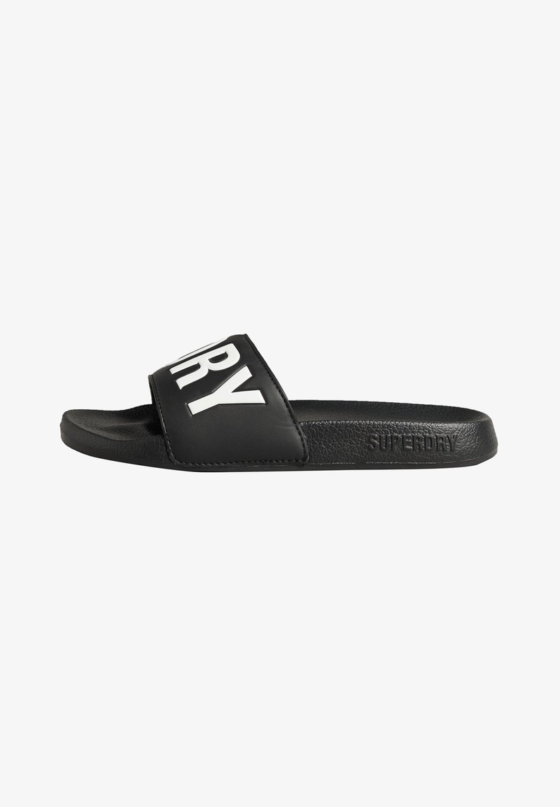Zwarte slipper-sandalen hebben een brede strap met "SUPERDRY" in grote witte letters, een getextureerde voetbed en een gladde rubberen zool.