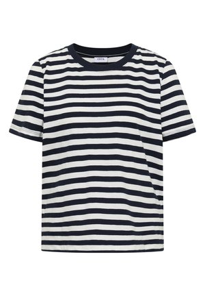 T-shirt a maniche corte con scollo tondo e righe orizzontali nere e bianche, realizzata in tessuto morbido, distesa su sfondo bianco.