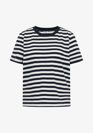 Lyhythihainen pyöreäkauluksinen t-paita, jossa on vaakasuorat mustavalkoiset raidat, pehmeästä kankaasta, tasaisena valkoisella taustalla.