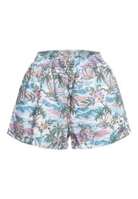 Jasnoniebieskie szorty z elastycznym pasem, zdobione palmami, falami oceanu i tropikalnymi kwiatami w pastelowych kolorach.