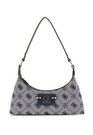 Sac à main Guess bleu et gris avec motif imprimé, plaque logo métallique rectangulaire et une sangle d'épaule sombre unique.