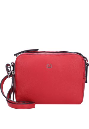 Petit sac bandoulière en cuir rouge avec fermeture éclair argentée, sangle réglable et petit logo argenté sur le devant.