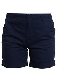 Laivastonsiniset puuvillahousushortsit, joissa on nappisulkeminen, käännetty helma ja etutaskut. Sileä pinta ja räätälöity istuvuus.