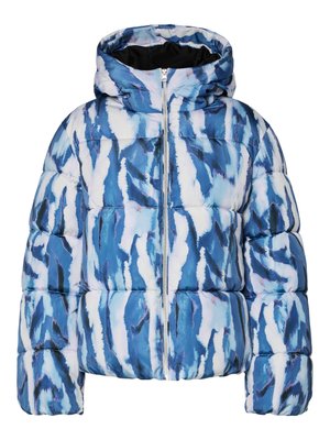 Blauwe en witte abstracte gewatteerde jas met capuchon en ritssluiting aan de voorkant, gestikt en gevoerd voor extra warmte.
