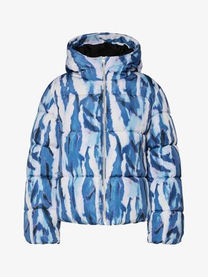 Blauwe en witte abstracte gewatteerde jas met capuchon en ritssluiting aan de voorkant, gestikt en gevoerd voor extra warmte.
