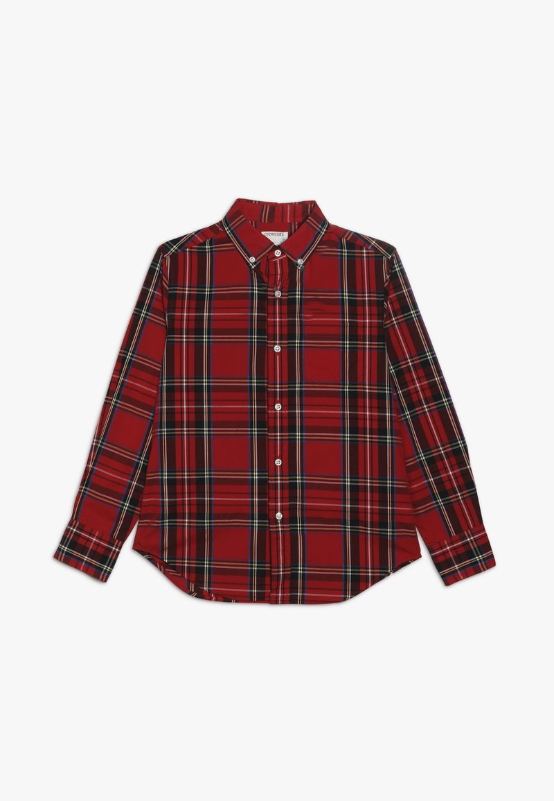 Chemise rouge à carreaux à manches longues avec col et poignets boutonnés sur fond blanc.