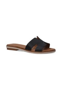 Black leather slide sandal featuring cut-out design, flat light brown sole, and smooth texture. Casual style suitable for warm weather.