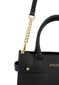 Black textured leather handbag featuring a gold chain strap and accents, with two handles and a structured shape. Brand logo present.