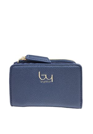 Portafoglio in pelle blu navy con finitura testurizzata, hardware dorato e chiusura a zip. Presenta un logo in rilievo sulla parte anteriore.
