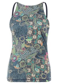 Monivärinen toppi, jossa on kukka- ja geometrinen kuvio, valmistettu pehmeästä kankaasta ja varustettu ohuilla olkaimilla.