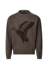 Maglione lavorato a maglia marrone con un design di anatra verde e marrone scuro. Classico collo rotondo, tessuto a trama e polsini e orlo a coste.