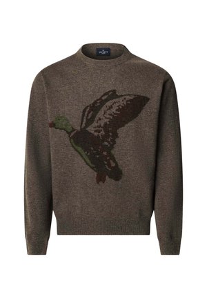 Jersey de punto en marrón con un diseño de pato en verde y marrón oscuro. Cuello redondo clásico, tela texturizada y puños y dobladillo acanalados.
