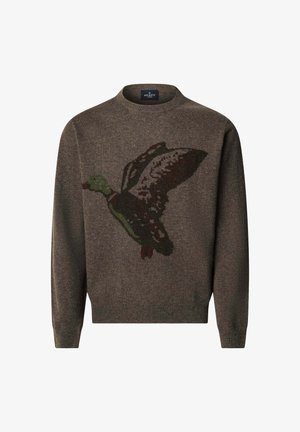 Maglione lavorato a maglia marrone con un design di anatra verde e marrone scuro. Classico collo rotondo, tessuto a trama e polsini e orlo a coste.