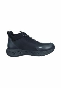Black hiking shoes with a textured mesh upper, rubber sole, and lace-up design. Features a reinforced toe and padded collar for support.