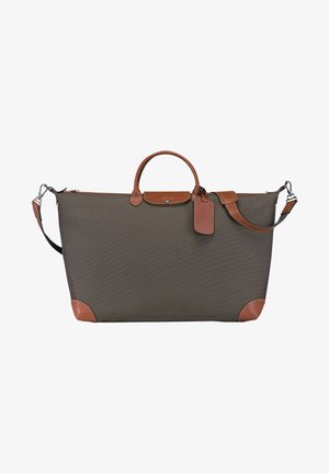Dark grey fabric tote bag with brown leather accents, dual handles, detachable shoulder strap, and a small tagging detail.