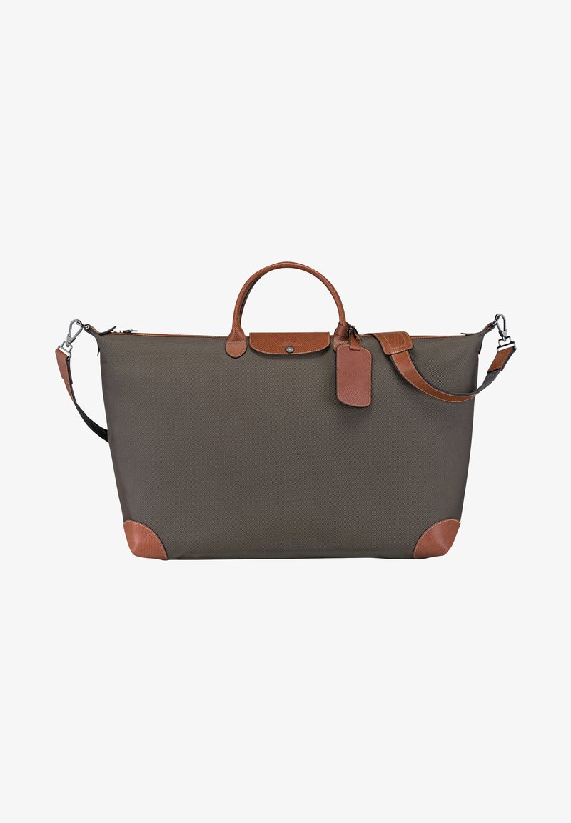 Dunkelgraue Stofftasche mit braunen Lederelementen, doppelten Griffen, abnehmbarem Schultergurt und einem kleinen Etikett.