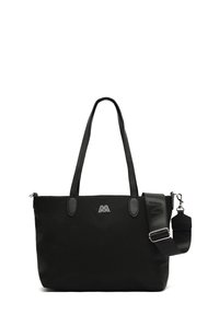 Crna najlonska torba s dvostrukim ručkama i odvojivim remenom. Ima metalni logo i kožne detalje, pružajući elegantan, minimalistički dizajn.