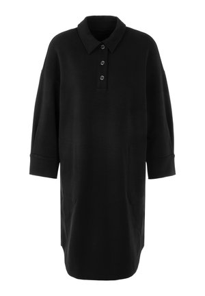 Schwarzes Polokleid aus weichem Stoff, mit Kragen, dreiknöpfiger Blende, Seitentaschen und locker sitzenden Dreiviertelärmeln.