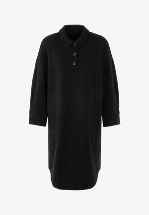 Schwarzes Polokleid aus weichem Stoff, mit Kragen, dreiknöpfiger Blende, Seitentaschen und locker sitzenden Dreiviertelärmeln.