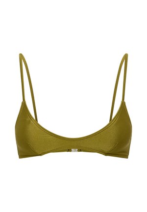 Top de bikini verde oliva con tirantes finos y cierre frontal con broche, hecho de tela lisa y brillante.