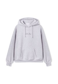 Felpa grigia in materiale morbido, con tasca frontale, cordini e testo ricamato "Soft Grace" in un font curvo.