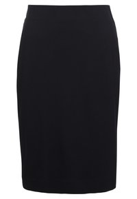 Černá sukně ke kolenům vyrobená z měkké, elastické látky s hladkým povrchem a elastickým pasem pro pohodlné nošení.