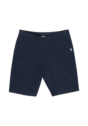 Marineblaue Herren-Casual-Shorts mit Gürtelschlaufen, vorne mit Knopfverschluss und seitlichen Taschen vor weißem Hintergrund.