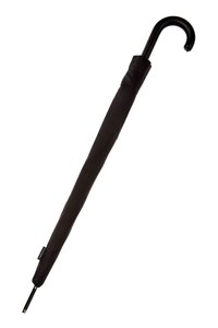 Czarna kompaktowa parasolka z zakrzywioną czarną rączką, eleganckim nylonowym daszkiem i metalowym końcem. Minimalistyczny design bez widocznych wzorów.