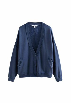Navy blue button-up cardigan with deep V-neck, ribbed cuffs, hem, collar, and two front pockets.
