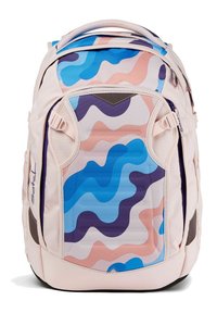 Backpack with a pink base featuring a multicolored wave pattern in blue, purple, and peach. Includes padded straps and a top handle.