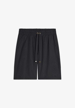 Shorts noirs avec une ceinture élastique et un cordon de serrage. Comprend des motifs floraux découpés et des poches latérales. Texture douce et légère.