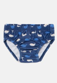 Blaue Badebriefer mit einem Wal-Muster in Weiß und Hellblau. Mit elastischem Bund und gerafften Seiten. Hergestellt aus dehnbarem, glattem Stoff.