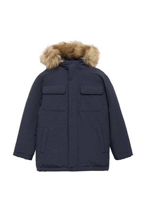 Parka d'hiver bleu marine avec capuche doublée de fourrure, deux poches poitrine à rabat, deux poches latérales et fermeture à boutons à l'avant.