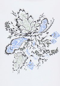 Diseño floral abstracto con hojas de verde pálido y elementos decorativos azul claro sobre un fondo blanco, con detalles finos en negro.