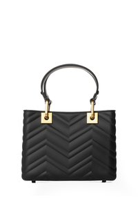 Borsa a tracolla nera in pelle con motivo a chevron, accessori in metallo dorato a forma quadrata e un manico singolo. Superficie testurizzata e forma strutturata.