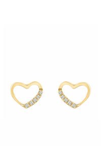 Kulla südamekujulised kõrvarõngad, millel on osaliselt avatud disain ja üks serv ääristatud läbipaistvate kivikestega. Sile pind läikiva viimistlusega.