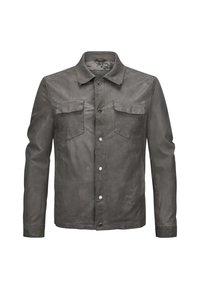 Grau Lederjacke mit Knopfverschluss, zwei Brusttaschen und spitzem Kragen. Glatte Textur und taillierte Passform.