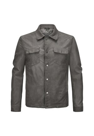 Grau Lederjacke mit Knopfverschluss, zwei Brusttaschen und spitzem Kragen. Glatte Textur und taillierte Passform.