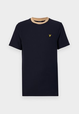 Marinblå bomulls-T-shirt med en krämfärgad ribbad rundhals, korta ärmar och en liten gul broderad logotyp på vänster bröst.