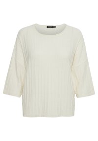 Cremfarbener Strickoberteil mit geripptem Muster, Rundhalsausschnitt und Dreiviertelärmeln. Das Design bietet eine lockere, boxy Passform.