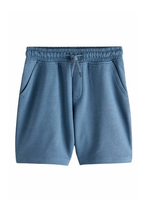 Blaue Freizeitshorts mit elastischem Bund und Kordelzug, ausgestattet mit Seitentaschen und einem einfachen, glatten Stofftextur.