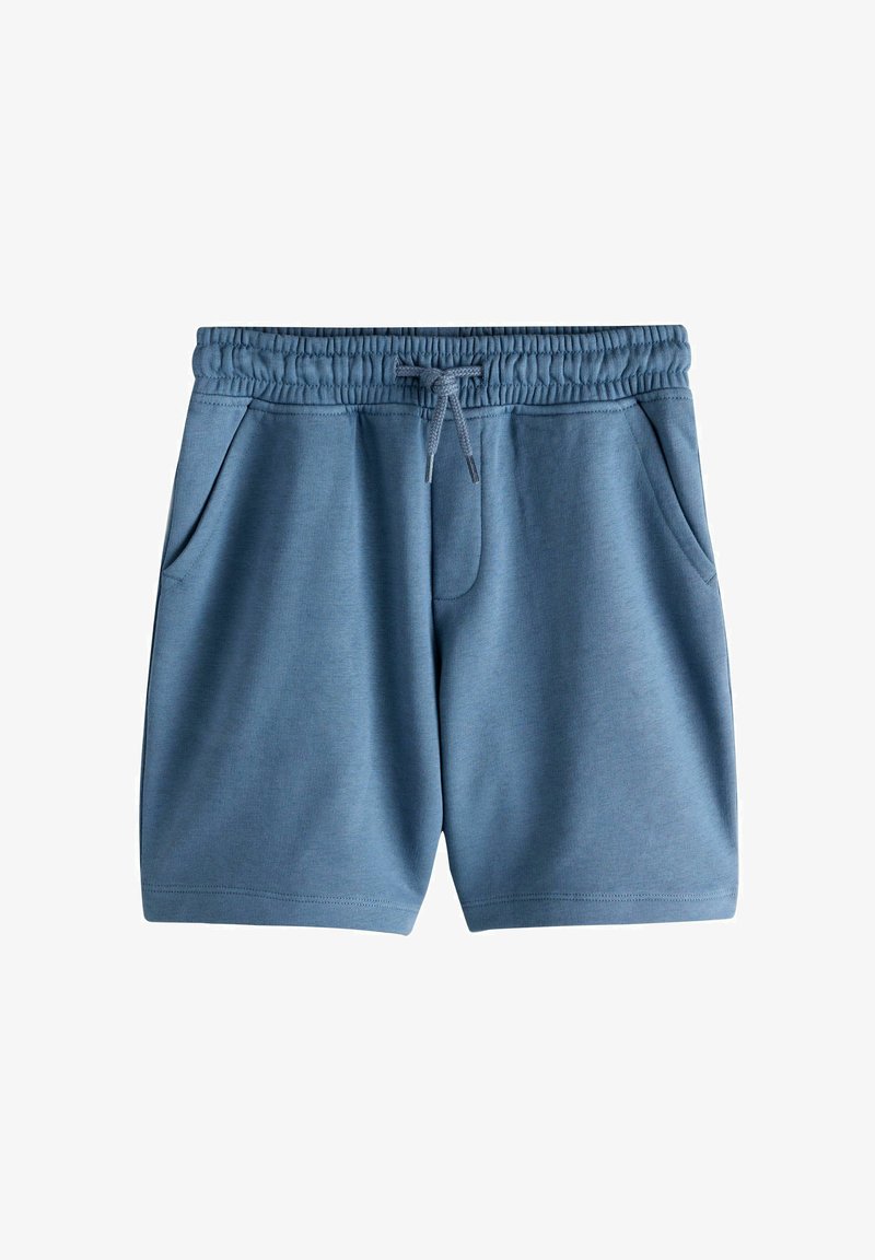 Niebieskie casualowe szorty z elastycznym pasem i sznurkiem, wyposażone w boczne kieszenie oraz prostą, gładką fakturę materiału.