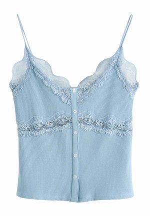 Jasnoniebieska prążkowana kamizelka z kwiatową koronką przy dekolcie i talii, cienkie ramiączka oraz zapięcie na guziki z przodu.