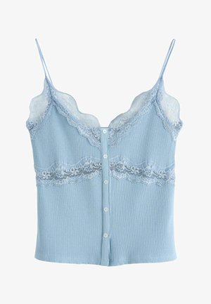 Jasnoniebieska prążkowana kamizelka z kwiatową koronką przy dekolcie i talii, cienkie ramiączka oraz zapięcie na guziki z przodu.